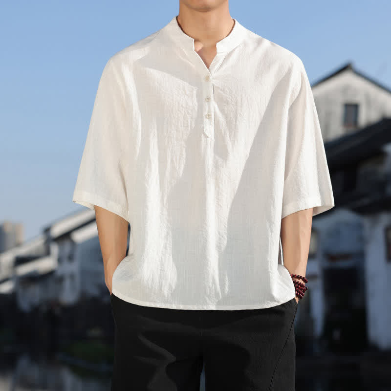 Buddha Stones Chemises d'été pour hommes à col mandarin et manches trois-quarts, à trois boutons - Blanc - US/UK/AU48，EU58(5XL) - image 0