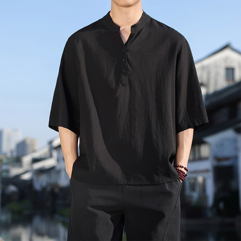 Buddha Stones Chemises d'été pour hommes à col mandarin et manches trois-quarts, à trois boutons - Noir - US/UK/AU48，EU58(5XL) - image 7