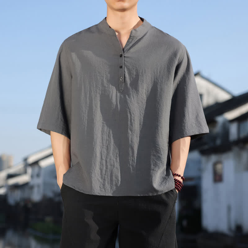 Buddha Stones Chemises d'été pour hommes à col mandarin et manches trois-quarts, à trois boutons - Gris - US/UK/AU48，EU58(5XL) - image 17
