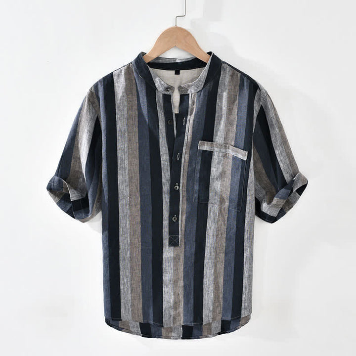 Buddha Stones Chemises d'été vintage pour hommes en lin rayé à col mandarin et poches plaquées - Gris ardoise - US/UK/AU42，EU52 (3XL) - image 10