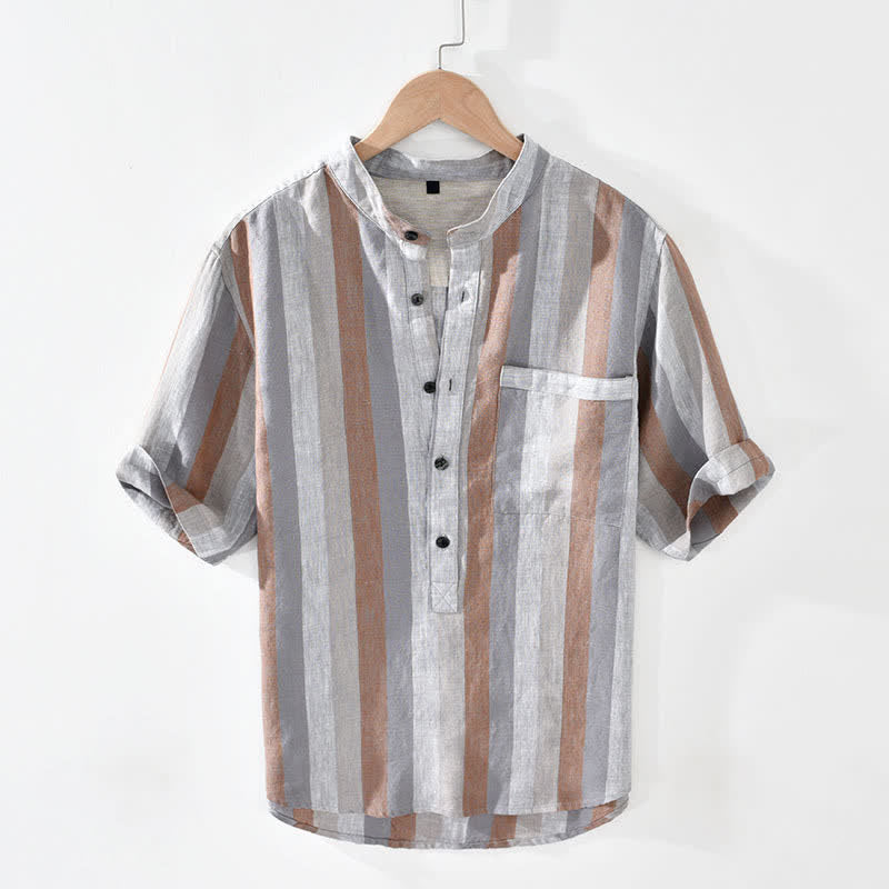 Buddha Stones Chemises d'été vintage pour hommes en lin rayé à col mandarin et poches plaquées - Tanné - US/UK/AU42，EU52 (3XL) - image 0