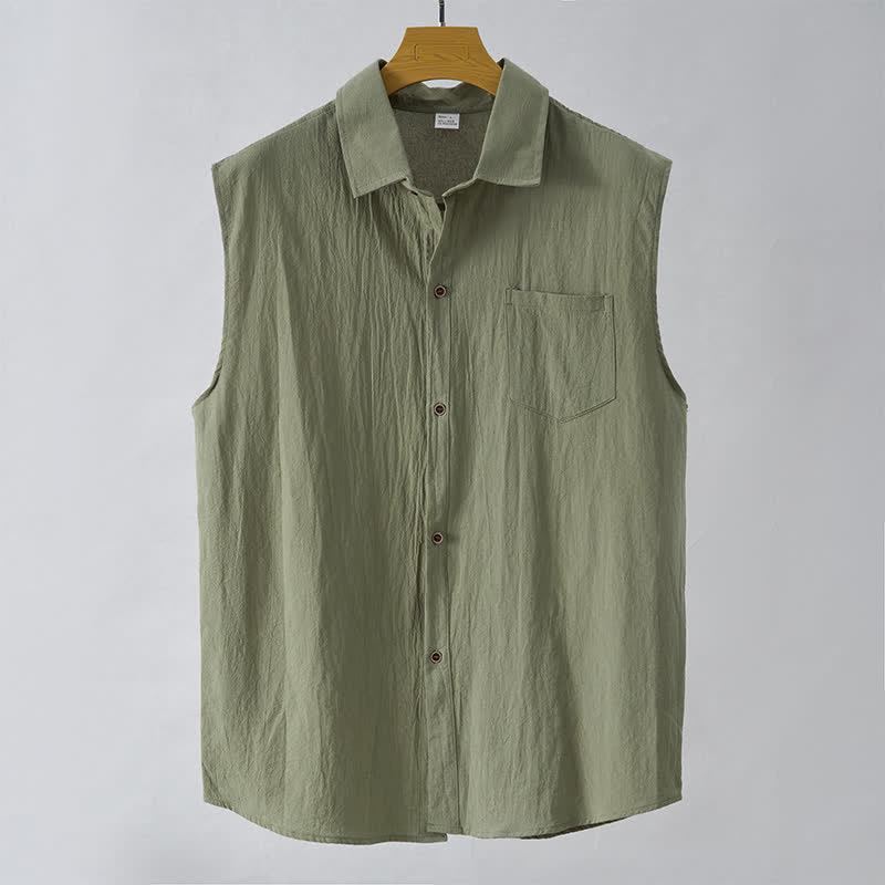 Buddha Stones Chemises sans manches unies à boutons pour hommes, style minimaliste et décontracté, idéales pour l'été - Vert olive - US/UK/AU44，EU54 (3XL) - image 8