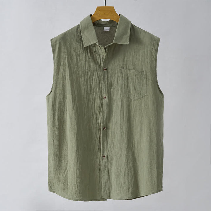 Buddha Stones Chemises sans manches unies à boutons pour hommes, style minimaliste et décontracté, idéales pour l'été - Vert olive - US/UK/AU44，EU54 (3XL) - image 8