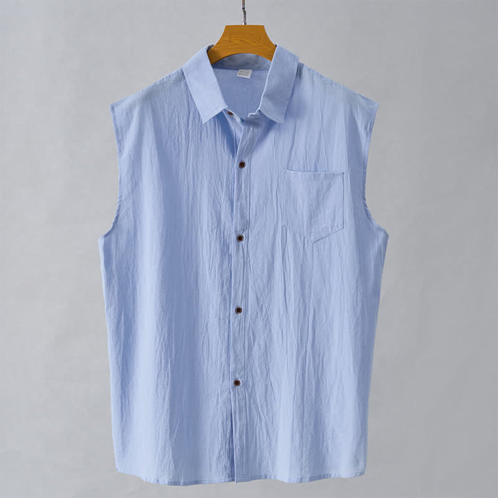 Buddha Stones Chemises sans manches unies à boutons pour hommes, style minimaliste et décontracté, idéales pour l'été - Bleu clair - US/UK/AU44，EU54 (3XL) - image 19