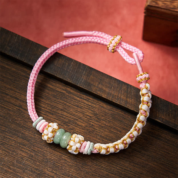 Buddha Stones Bracelet ajustable en jade tressé à la main, orné de fleurs de pêcher et de nœuds chinois, porte-bonheur. - Rose - 15-20 cm - image 14