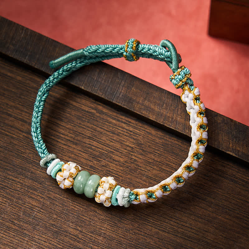 Buddha Stones Bracelet ajustable en jade tressé à la main, orné de fleurs de pêcher et de nœuds chinois, porte-bonheur. - Vert - 15-20 cm - image 32
