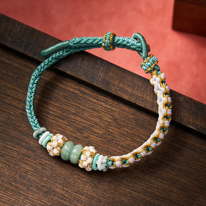 Buddha Stones Bracelet ajustable en jade tressé à la main, orné de fleurs de pêcher et de nœuds chinois, porte-bonheur. - Vert - 15-20 cm - image 32