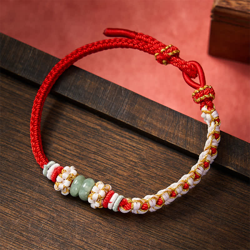 Buddha Stones Bracelet ajustable en jade tressé à la main, orné de fleurs de pêcher et de nœuds chinois, porte-bonheur. - Rouge - 15-20 cm - image 0