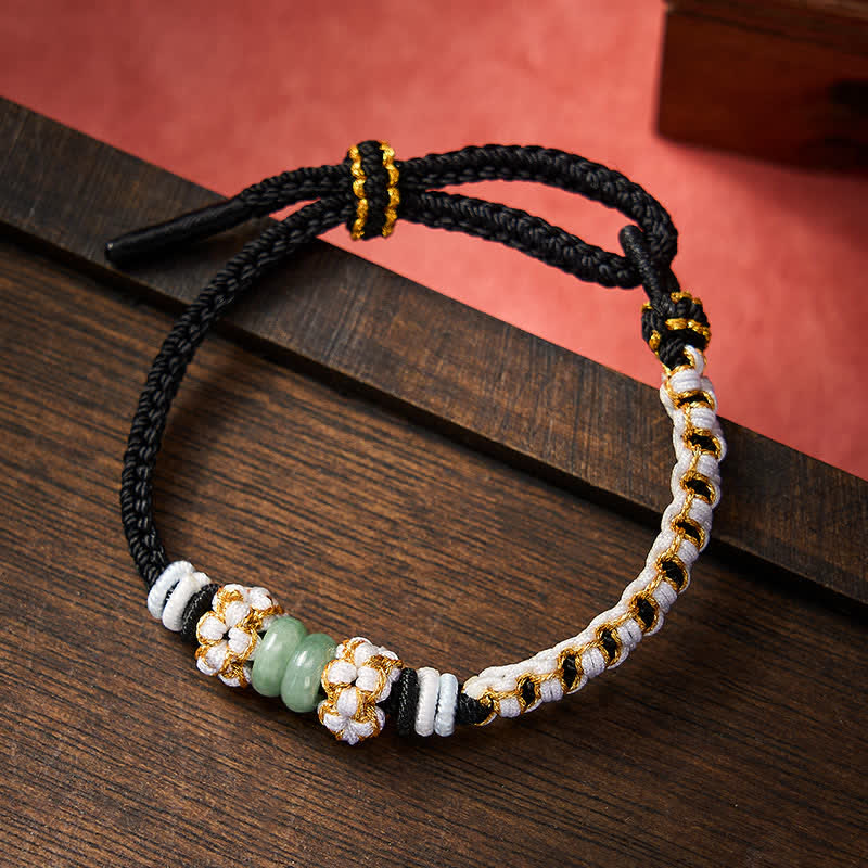 Buddha Stones Bracelet ajustable en jade tressé à la main, orné de fleurs de pêcher et de nœuds chinois, porte-bonheur. - Noir - 15-20 cm - image 8