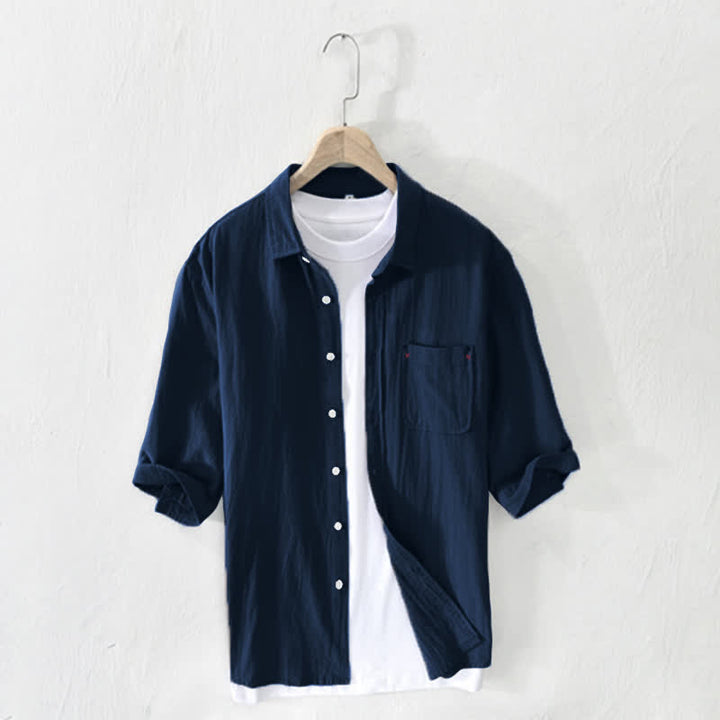Buddha Stones Chemises d'été minimalistes et décontractées à manches courtes pour homme, en coton et lin uni, avec poche - Marine - US/UK/AU44，EU54 (3XL) - image 14