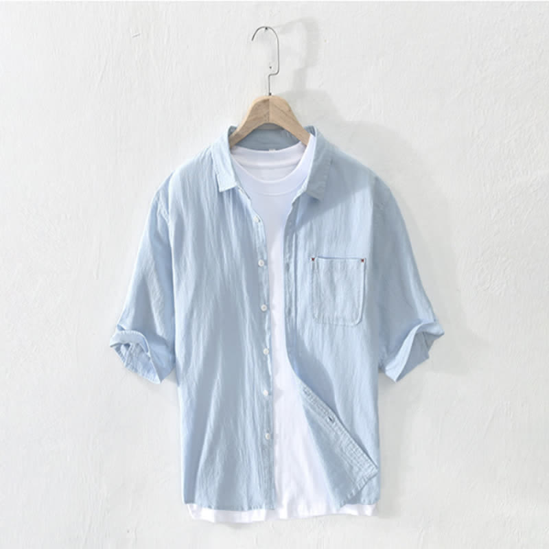 Buddha Stones Chemises d'été minimalistes et décontractées à manches courtes pour homme, en coton et lin uni, avec poche - Bleu poudré - US/UK/AU44，EU54 (3XL) - image 10