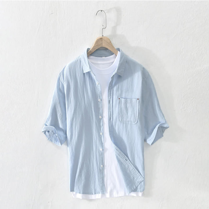 Buddha Stones Chemises d'été minimalistes et décontractées à manches courtes pour homme, en coton et lin uni, avec poche - Bleu poudré - US/UK/AU44，EU54 (3XL) - image 10