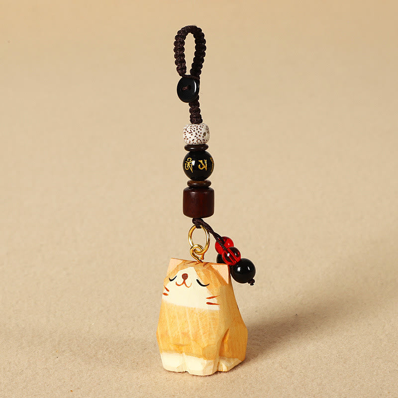 Buddha Stones Porte-clés en bois sculpté à la main représentant un chat Om Mani Padme Hum et la paix - Chat Orange - Om Mani Padme Hum - Bois naturel texturé (Énergie calme ♥ Simplicité) - image 9