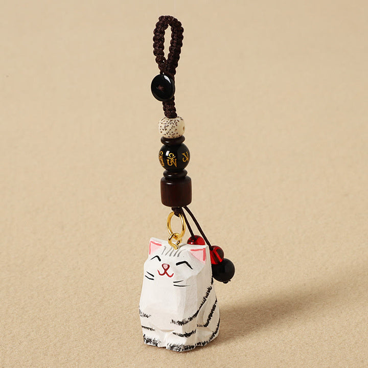 Buddha Stones Porte-clés en bois sculpté à la main représentant un chat Om Mani Padme Hum et la paix - Chat à l'ombre argentée - Om Mani Padme Hum - Bois naturel texturé (Énergie calme ♥ Simplicité) - image 14