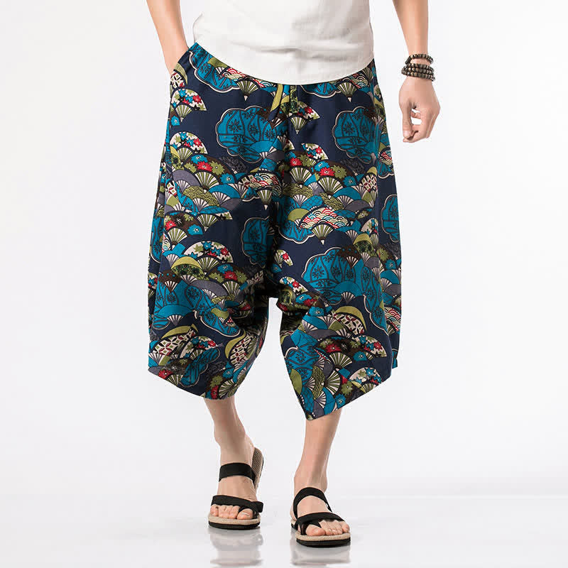 Buddha Stones Pantalon Capri bohème décontracté d'été en coton et lin à cordon de serrage et à motif floral, style sarouel, avec poches - image 1