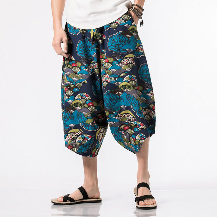 Buddha Stones Pantalon Capri bohème décontracté d'été en coton et lin à cordon de serrage et à motif floral, style sarouel, avec poches - Bleu - US/UK/AU48，EU58(5XL) - image 0