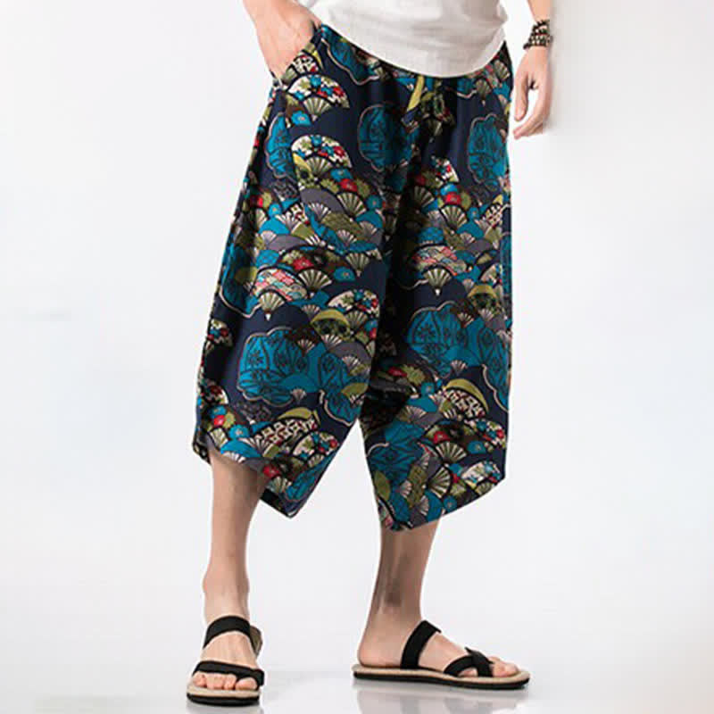 Buddha Stones Pantalon Capri bohème décontracté d'été en coton et lin à cordon de serrage et à motif floral, style sarouel, avec poches - image 2