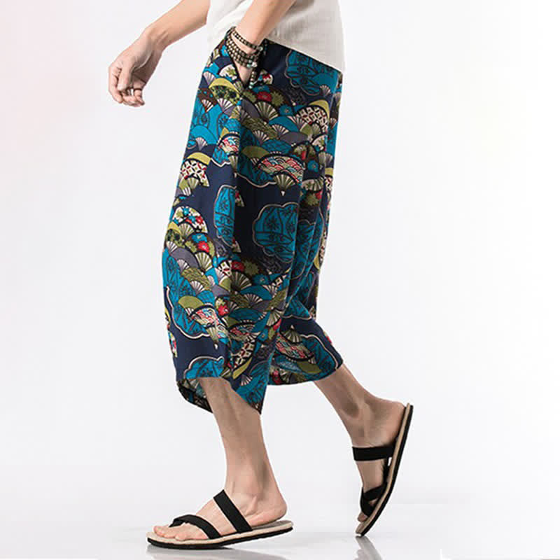 Buddha Stones Pantalon Capri bohème décontracté d'été en coton et lin à cordon de serrage et à motif floral, style sarouel, avec poches - image 5