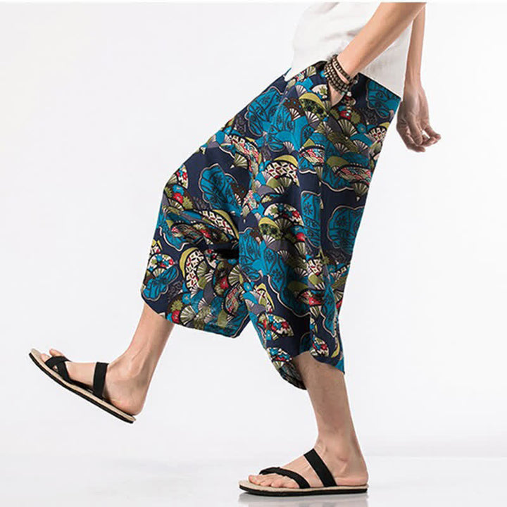 Buddha Stones Pantalon Capri bohème décontracté d'été en coton et lin à cordon de serrage et à motif floral, style sarouel, avec poches - image 4