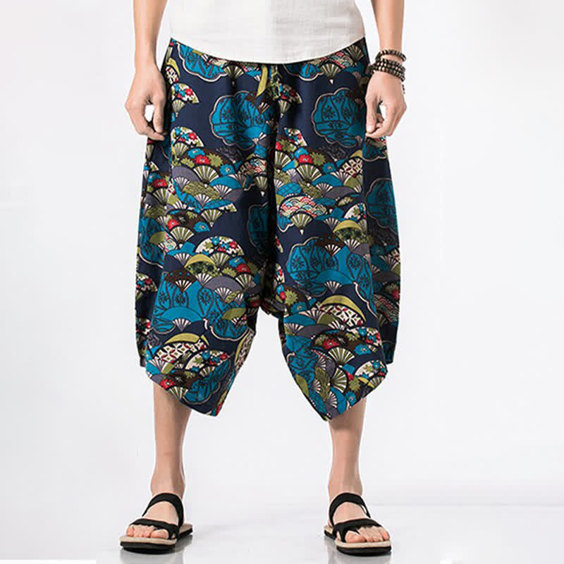 Buddha Stones Pantalon Capri bohème décontracté d'été en coton et lin à cordon de serrage et à motif floral, style sarouel, avec poches - image 3