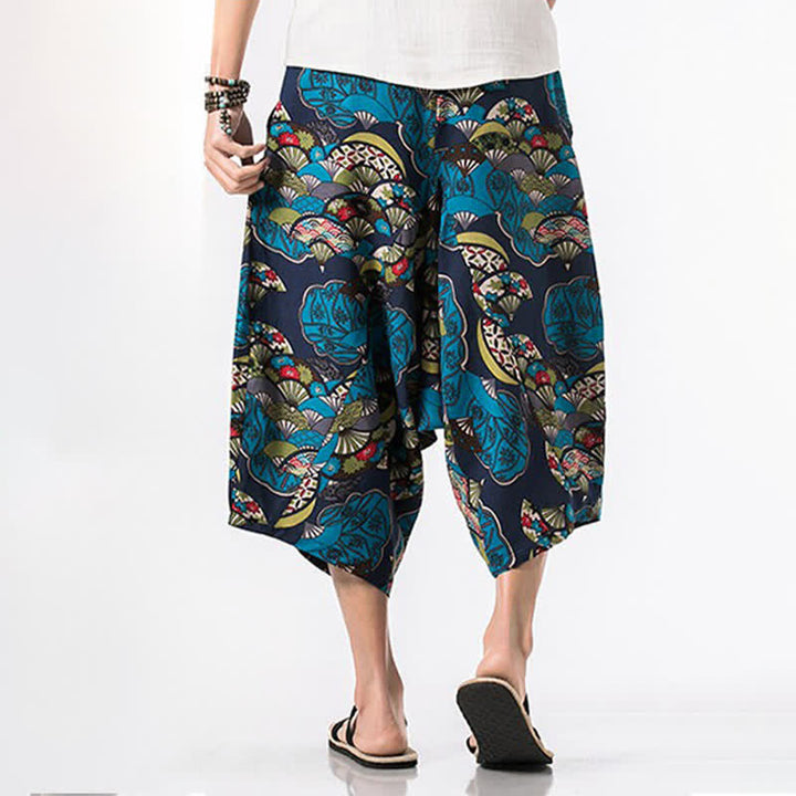 Buddha Stones Pantalon Capri bohème décontracté d'été en coton et lin à cordon de serrage et à motif floral, style sarouel, avec poches - image 6