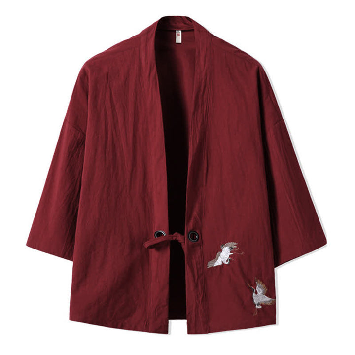Buddha Stones Kimonos homme automne décontractés vintage brodés de grues en coton et lin - Bordeaux - US/UK/AU48，EU58(5XL) - image 8