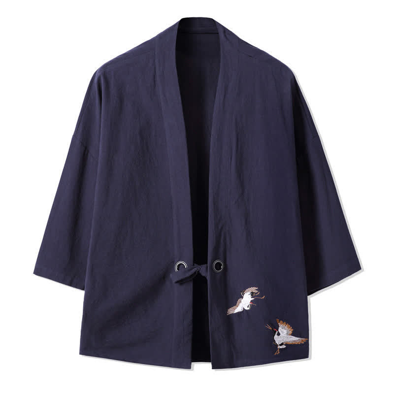 Buddha Stones Kimonos homme automne décontractés vintage brodés de grues en coton et lin - Bleu nuit - US/UK/AU48，EU58(5XL) - image 10