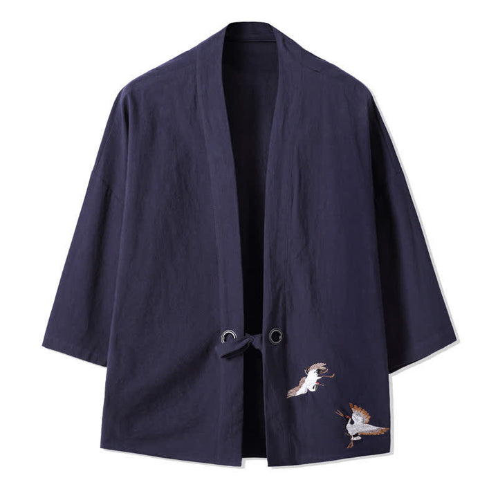 Buddha Stones Kimonos homme automne décontractés vintage brodés de grues en coton et lin - Bleu nuit - US/UK/AU48，EU58(5XL) - image 10