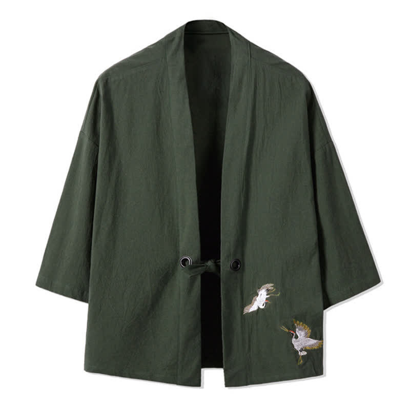 Buddha Stones Kimonos homme automne décontractés vintage brodés de grues en coton et lin - Vert olive foncé - US/UK/AU48，EU58(5XL) - image 0