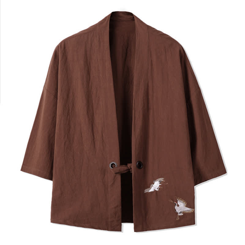 Buddha Stones Kimonos homme automne décontractés vintage brodés de grues en coton et lin - Terre de sienne - US/UK/AU48，EU58(5XL) - image 12