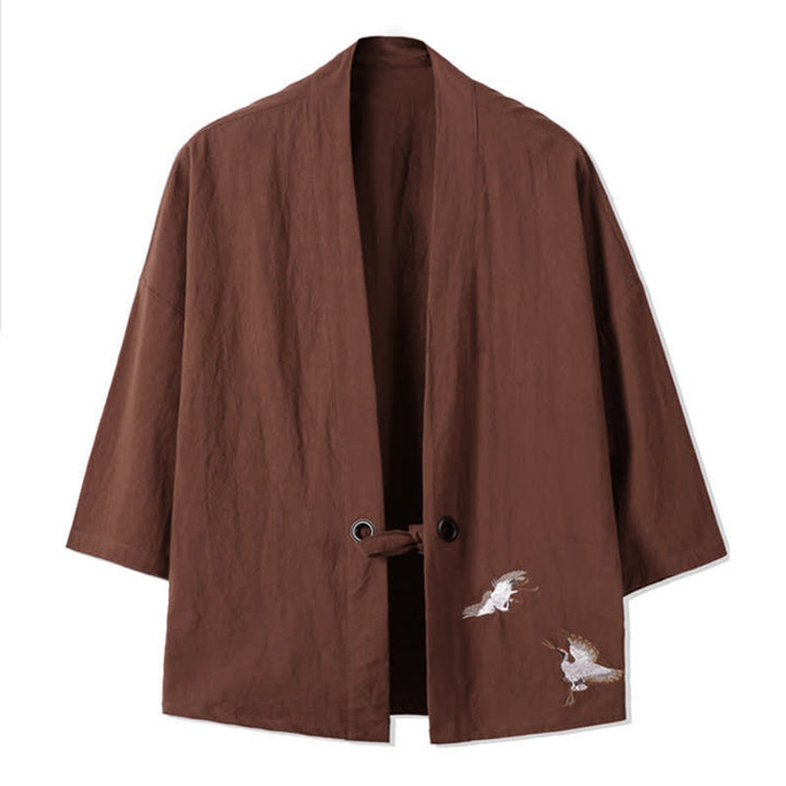 Buddha Stones Kimonos homme automne décontractés vintage brodés de grues en coton et lin - Terre de sienne - US/UK/AU48，EU58(5XL) - image 12