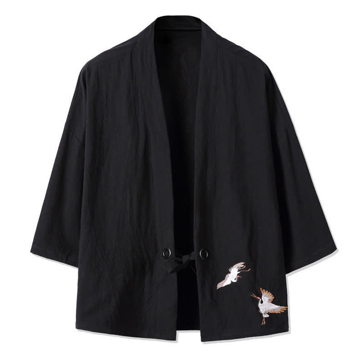 Buddha Stones Kimonos homme automne décontractés vintage brodés de grues en coton et lin - Noir - US/UK/AU48，EU58(5XL) - image 6
