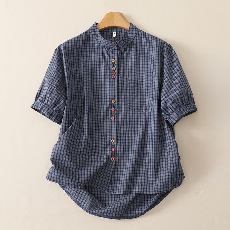 Buddha Stones Chemises d'été décontractées à carreaux vintage, col mandarin, manches courtes, avec poches, pour femmes - Gris ardoise - US12，UK/AU16，EU44 (2XL) - image 0