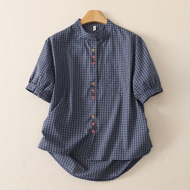 Buddha Stones Chemises d'été décontractées à carreaux vintage, col mandarin, manches courtes, avec poches, pour femmes - Gris ardoise - US12，UK/AU16，EU44 (2XL) - image 0
