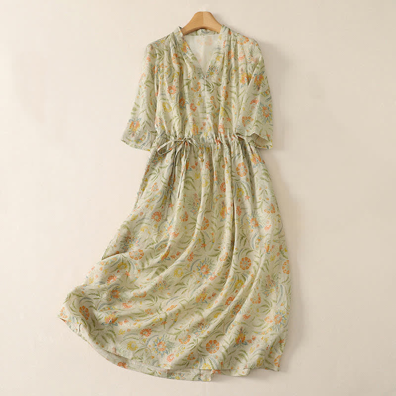 Buddha Stones Robe d'été bohème à cordon de serrage et imprimé floral, manches courtes et poches. - LemonChiffon - US12，UK/AU16，EU44 (2XL) - image 0