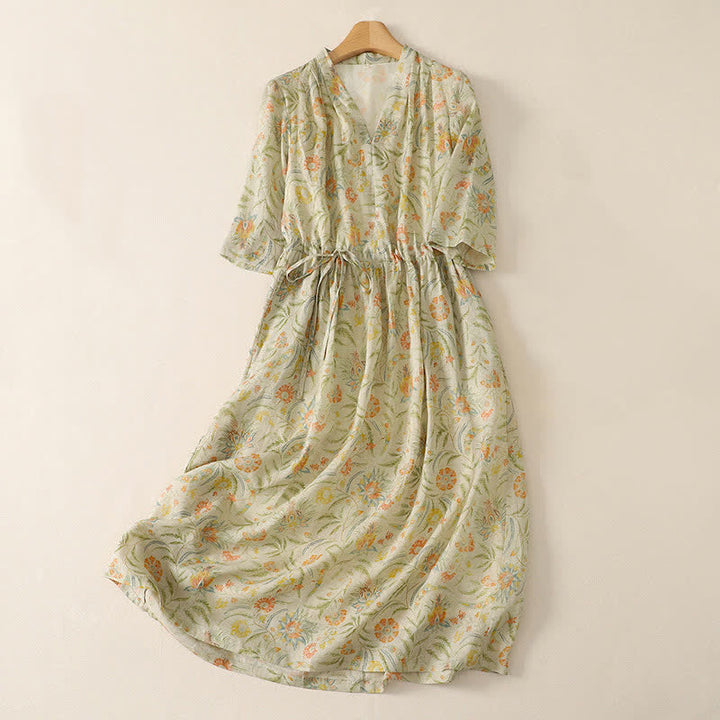 Buddha Stones Robe d'été bohème à cordon de serrage et imprimé floral, manches courtes et poches. - LemonChiffon - US12，UK/AU16，EU44 (2XL) - image 0