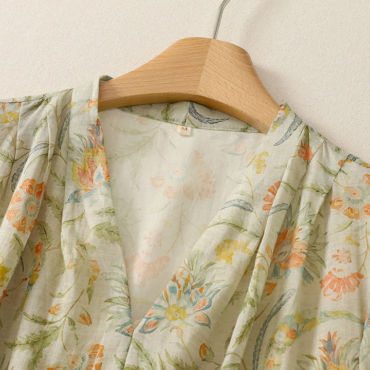 Buddha Stones Robe d'été bohème à cordon de serrage et imprimé floral, manches courtes et poches. - image 2