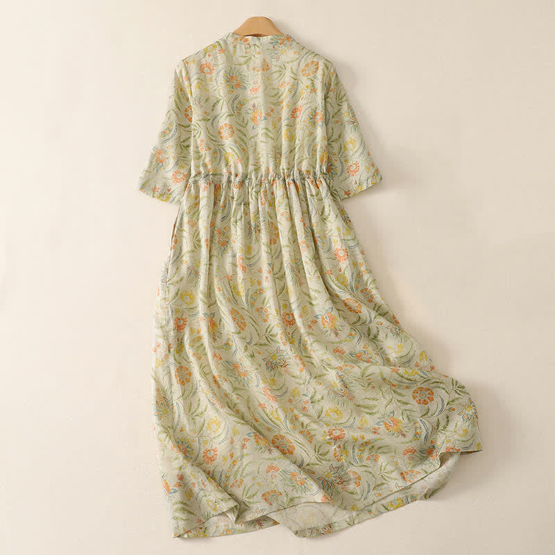 Buddha Stones Robe d'été bohème à cordon de serrage et imprimé floral, manches courtes et poches. - image 1