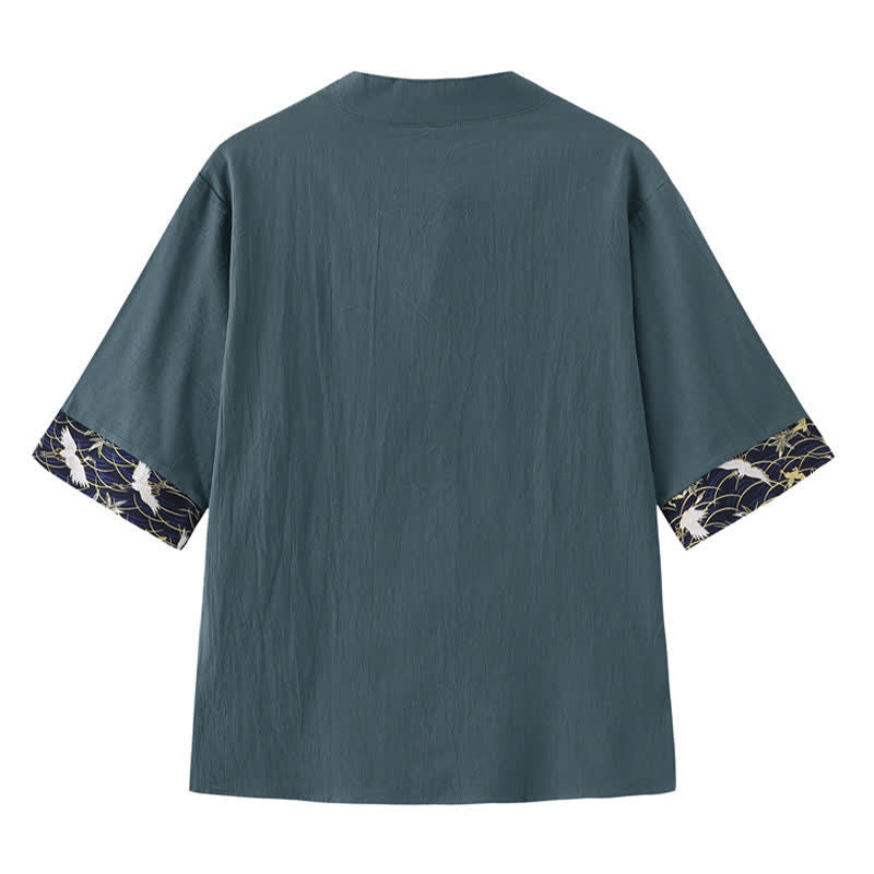 Buddha Stones Chemises à manches courtes pour hommes Summer Tang Style Vintage Frog Button Grue - image 1
