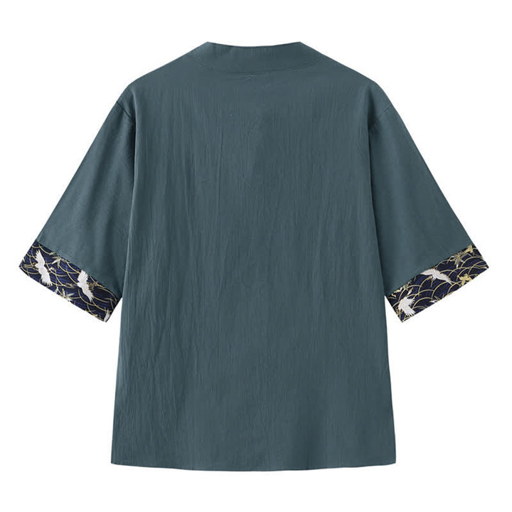 Buddha Stones Chemises à manches courtes pour hommes Summer Tang Style Vintage Frog Button Grue - image 1