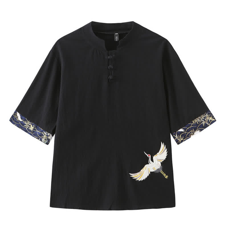 Buddha Stones Chemises à manches courtes pour hommes Summer Tang Style Vintage Frog Button Grue - Noir - US/UK/AU46，EU56 (5XL) - image 10