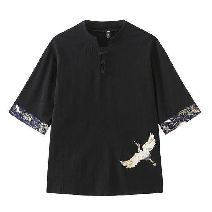 Buddha Stones Chemises à manches courtes pour hommes Summer Tang Style Vintage Frog Button Grue - Noir - US/UK/AU46，EU56 (5XL) - image 10