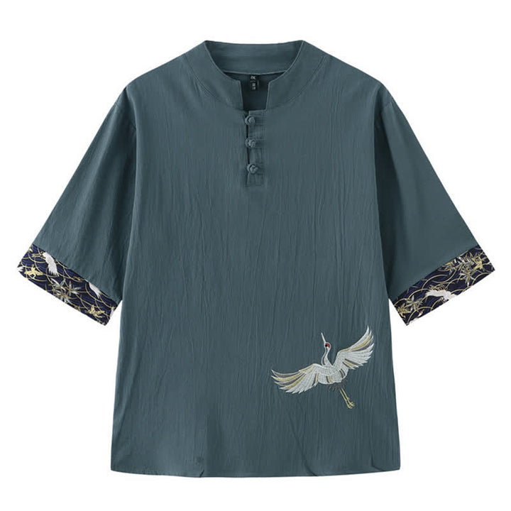 Buddha Stones Chemises à manches courtes pour hommes Summer Tang Style Vintage Frog Button Grue - CadetBlue - US/UK/AU46，EU56 (5XL) - image 0