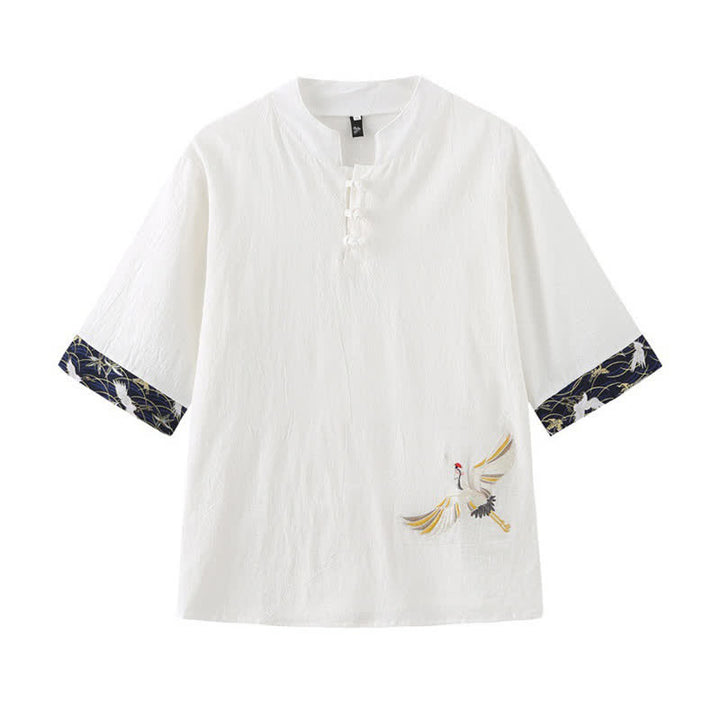 Buddha Stones Chemises à manches courtes pour hommes Summer Tang Style Vintage Frog Button Grue - Blanc - US/UK/AU46，EU56 (5XL) - image 2
