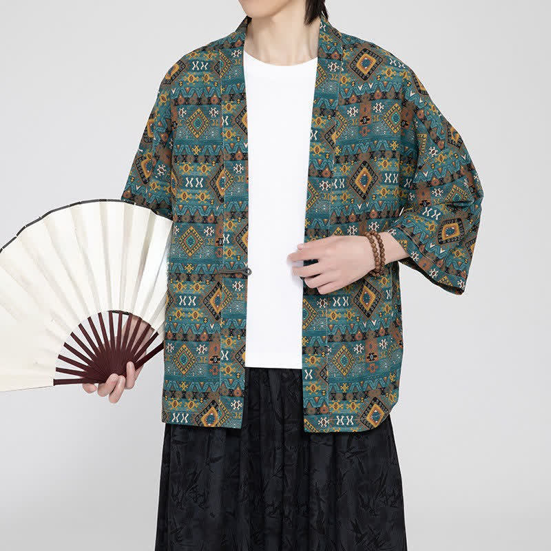 Buddha Stones Kimonos homme printemps-été bohèmes décontractés à poches plaquées et motifs géométriques - image 5