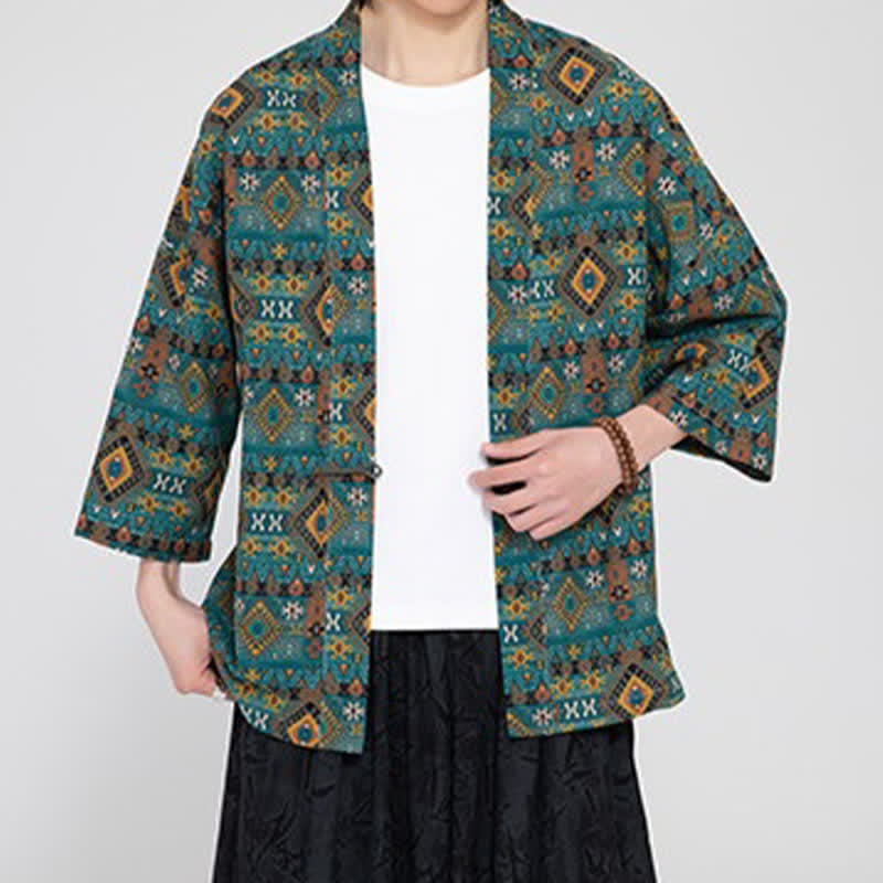Buddha Stones Kimonos homme printemps-été bohèmes décontractés à poches plaquées et motifs géométriques - image 1