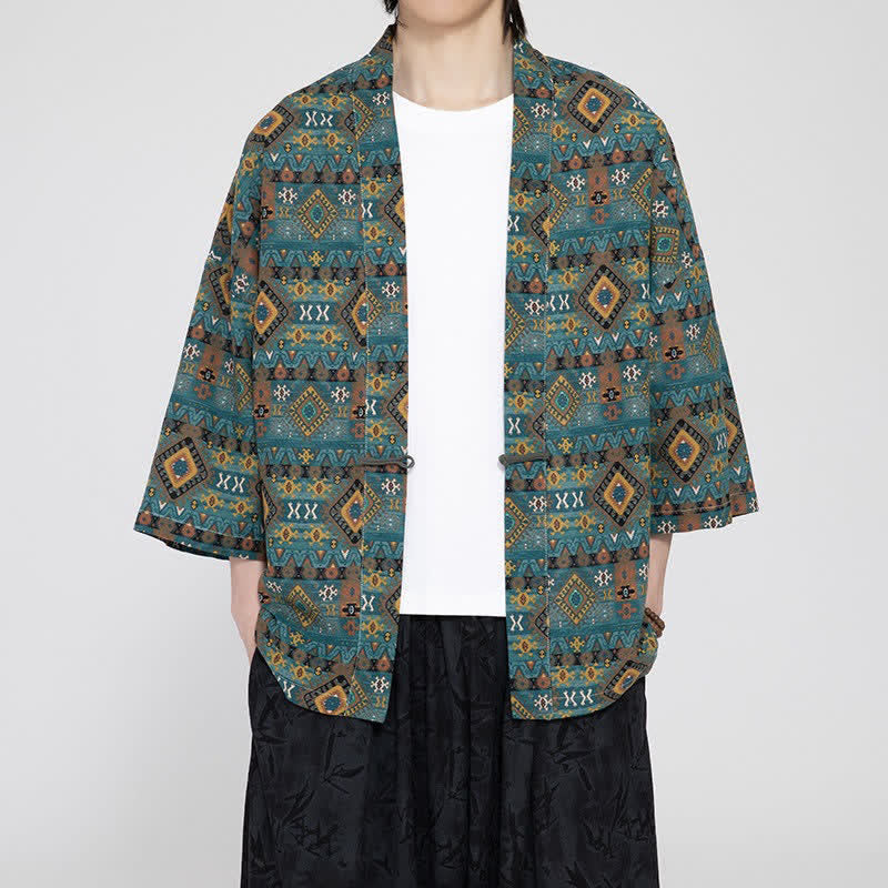 Buddha Stones Kimonos homme printemps-été bohèmes décontractés à poches plaquées et motifs géométriques - Sarcelle - US/UK/AU46，EU56 (5XL) - image 0