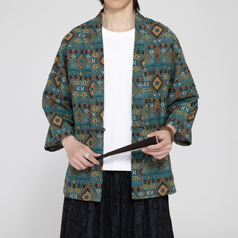 Buddha Stones Kimonos homme printemps-été bohèmes décontractés à poches plaquées et motifs géométriques - image 3
