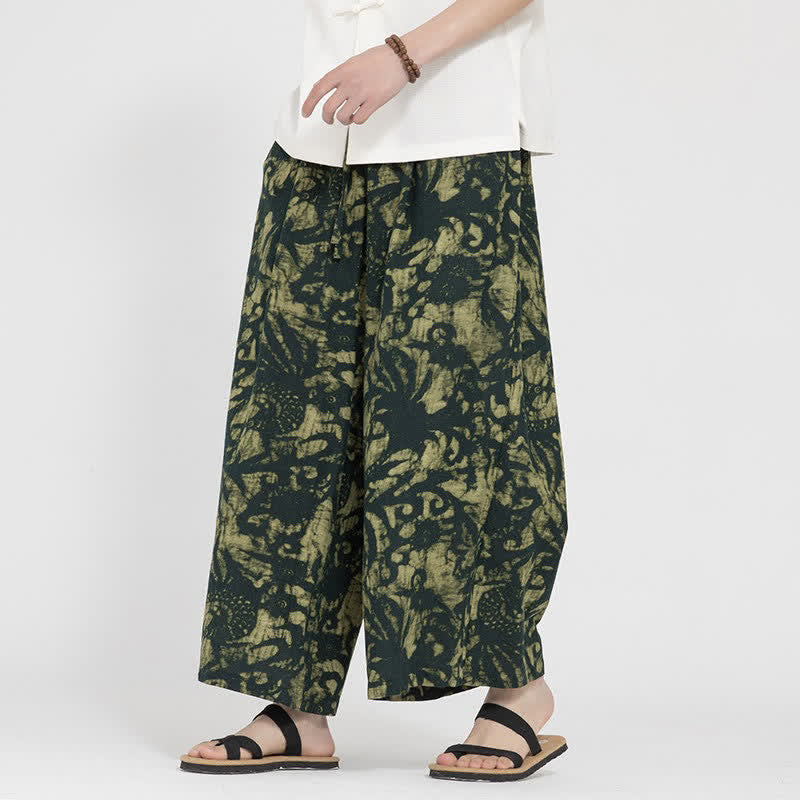 Buddha Stones Pantalon court bohème décontracté d'été à cordon de serrage et imprimé abstrait, coupe droite, avec poches - Vert olive foncé - US/UK/AU48，EU58(5XL) - image 0
