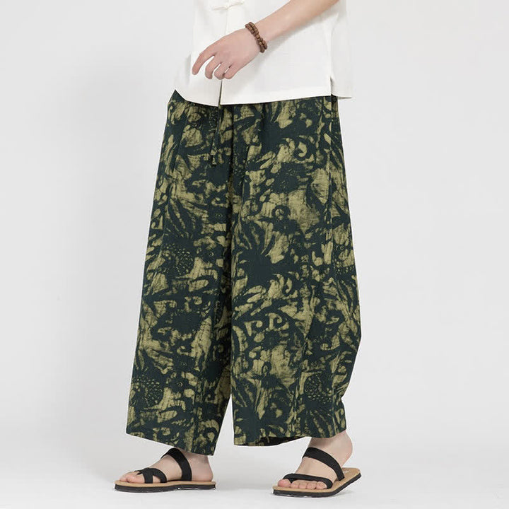 Buddha Stones Pantalon court bohème décontracté d'été à cordon de serrage et imprimé abstrait, coupe droite, avec poches - Vert olive foncé - US/UK/AU48，EU58(5XL) - image 0